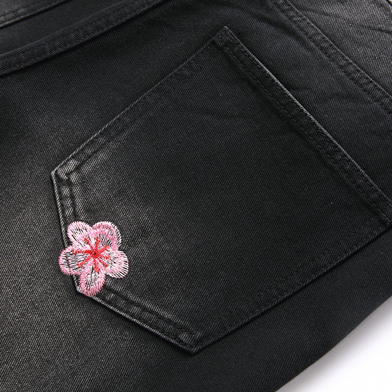 Mens Fashion Jeans Pink cherry blossom embroidered wide-leg pants 5710#