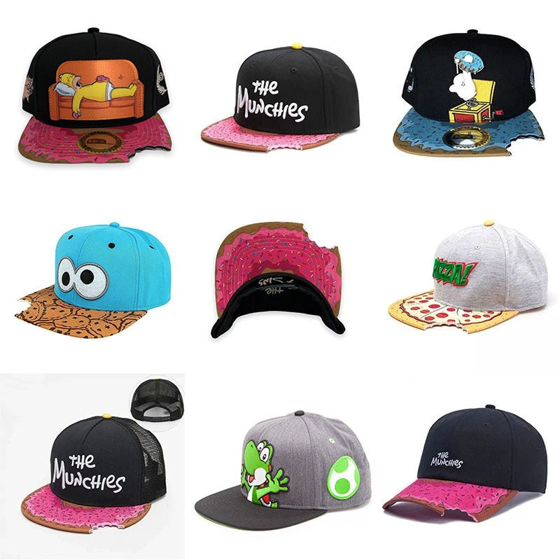 Trendy flat brimmed snapback hats cartoon missing corner bite