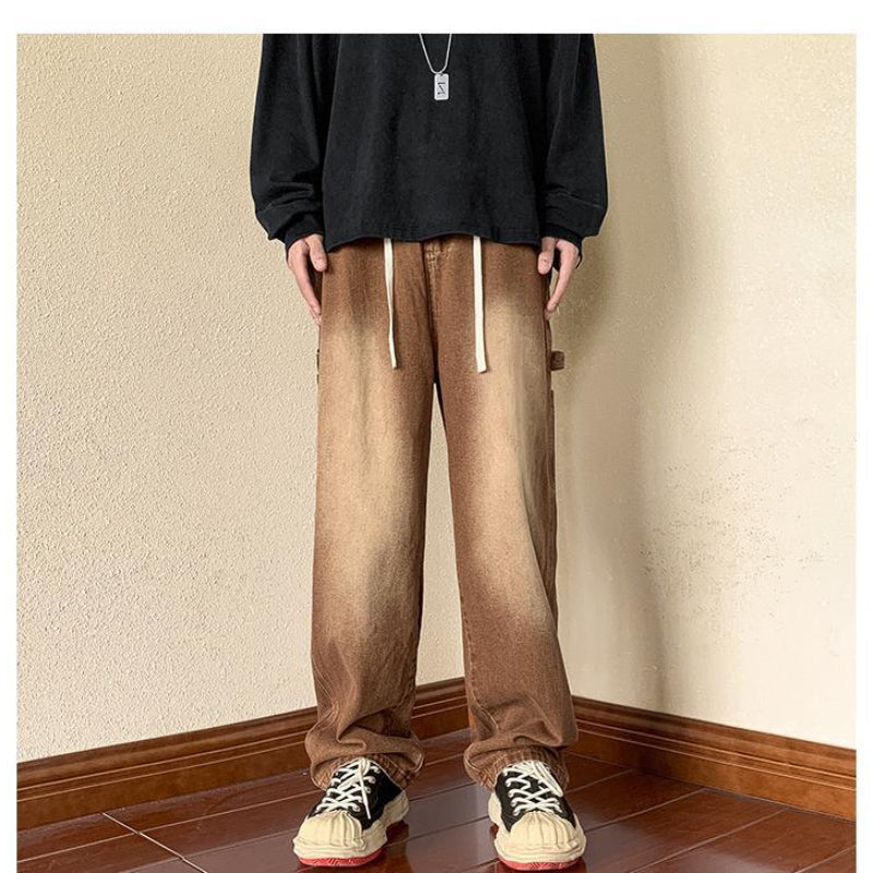 Men Jeans Vintage Brown Jeans Men's Autumn Loose Straight Wide Leg Pants