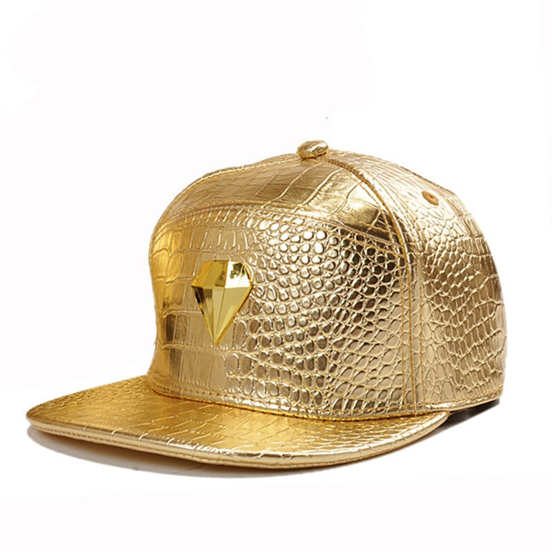 Trendy flat brimmed snapback hats gold leather adjustable visor