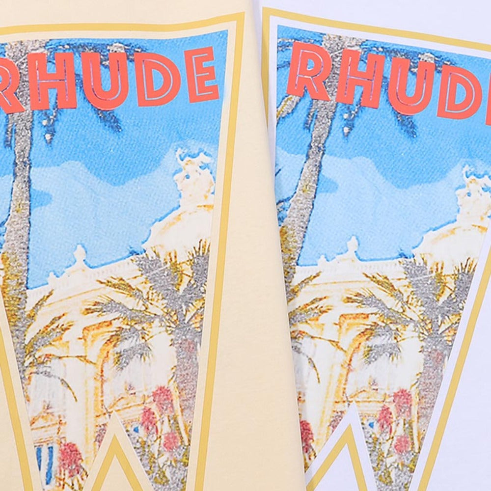 Rhude T Shirts Oil Painting Clock Coconut Tree Print Short Sleeves