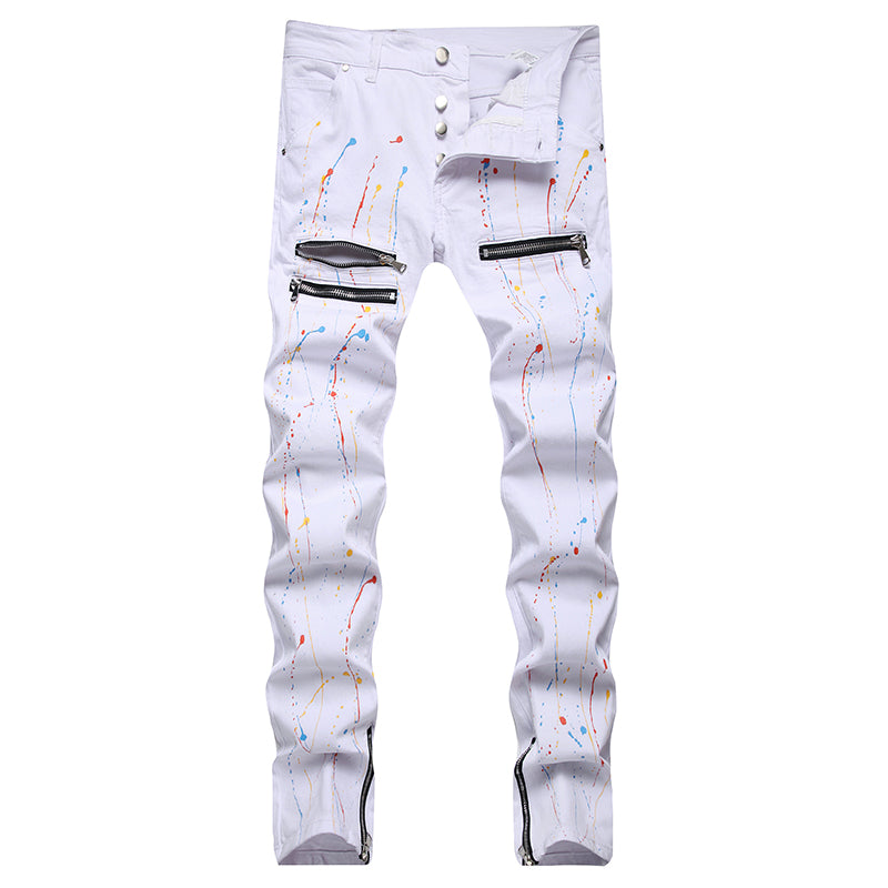Mens Fashion Jeans Pants pocket zipper Color splatter ink 1168#
