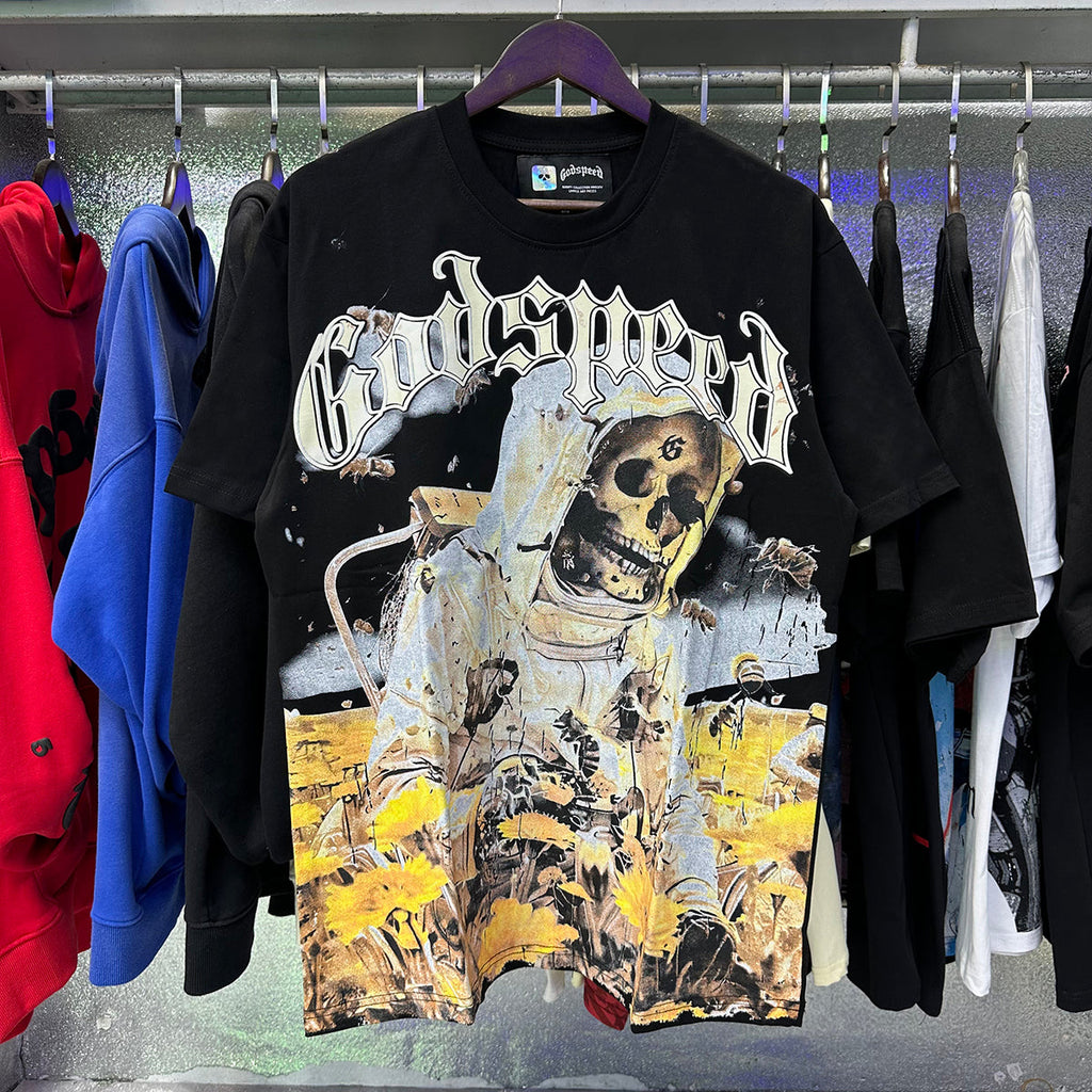 Godspeed T Shirts Skull Bee Sunflower Print Cotton Short Sleeve Men and Women