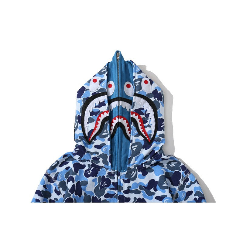Bathing Ape Hoodie Camouflage Double Hat Autumn/Winter Fleece Cardigan Zipper Loose Shark
