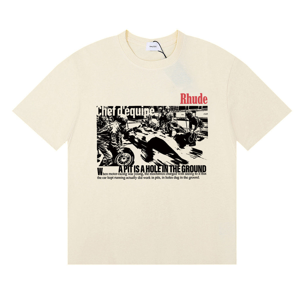 Rhude T Shirts Racing Tire Change Scene Printed Cotton Casual Short Sleeves Men and Women