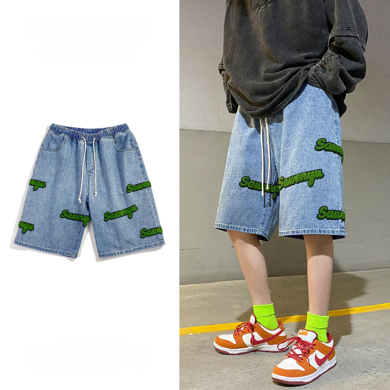 Men Jeans Flocking Denim Shorts Men's Summer Casual Cropped Pants