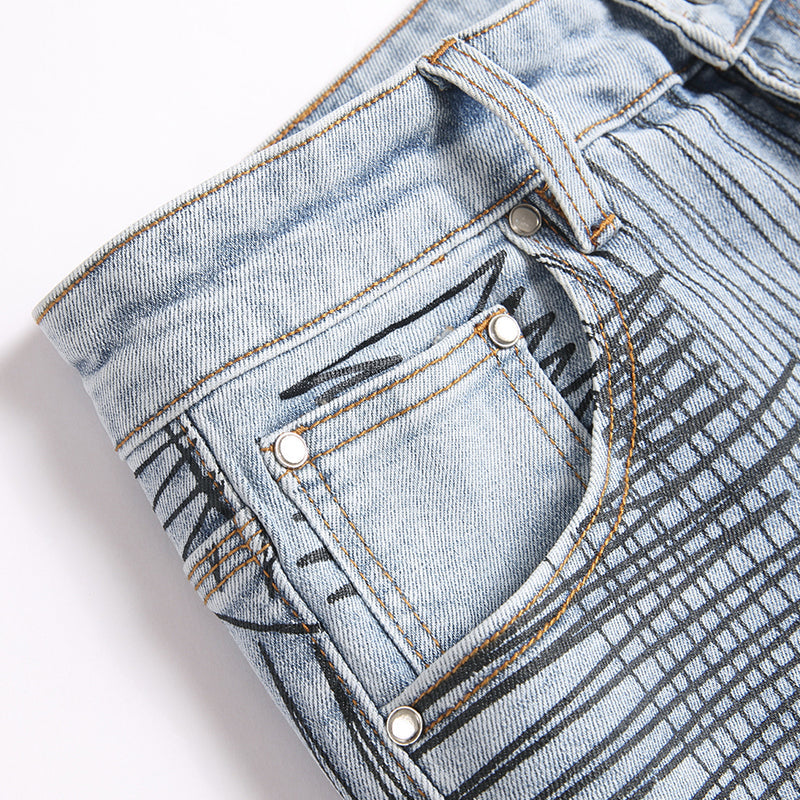Mens Fashion Jeans Cross-line wide-leg pants 5718#