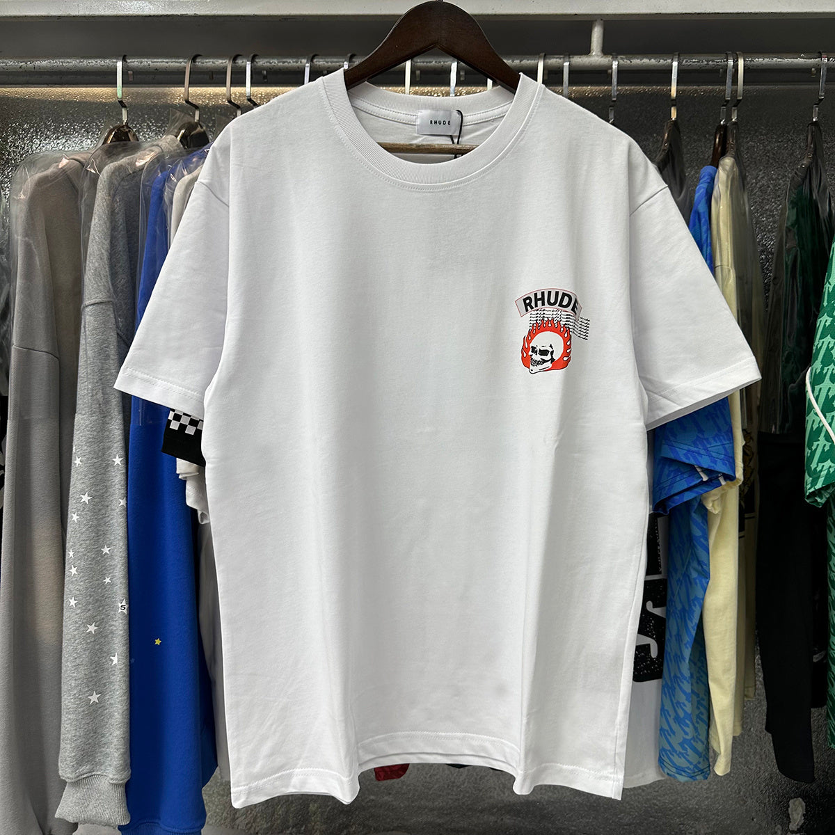 Rhude T Shirts Flame Death Knight Skull Print Cotton Casual Short Sleeve Men and Women