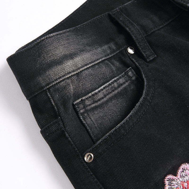 Mens Fashion Jeans Pink cherry blossom embroidered wide-leg pants 5710#