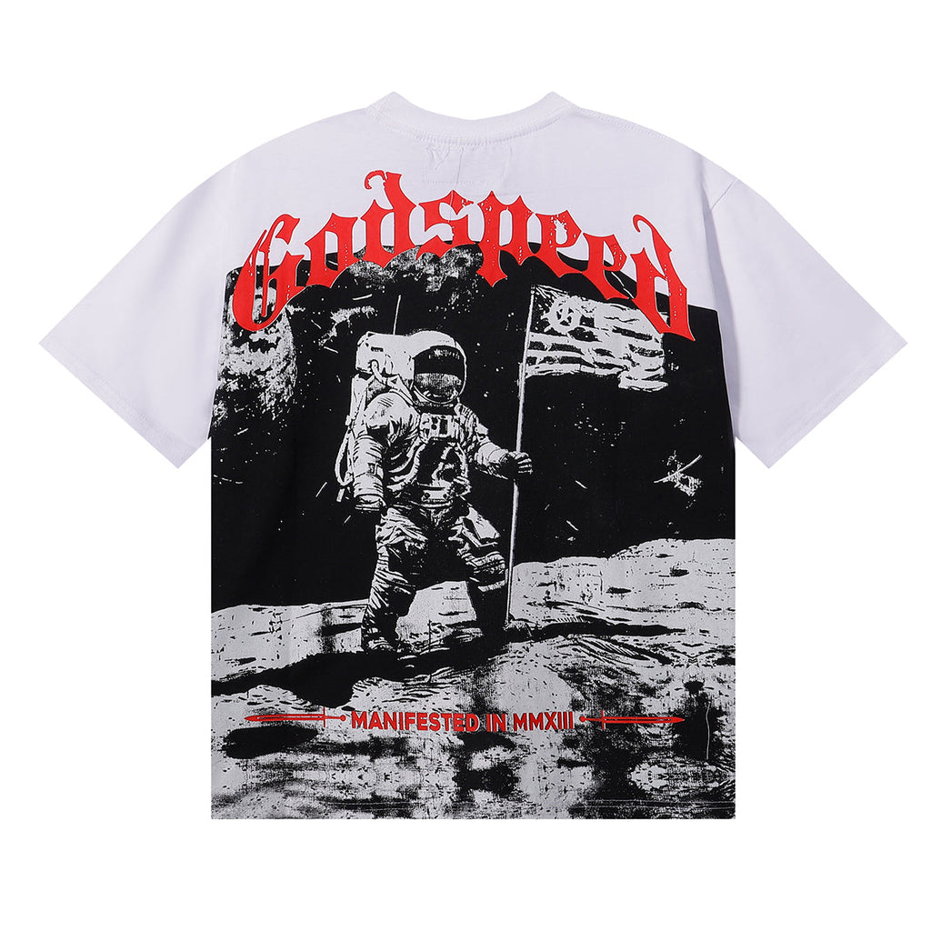 Godspeed T Shirts Astronaut Moon Landing Print Cotton Casual Short Sleeve Men and Women